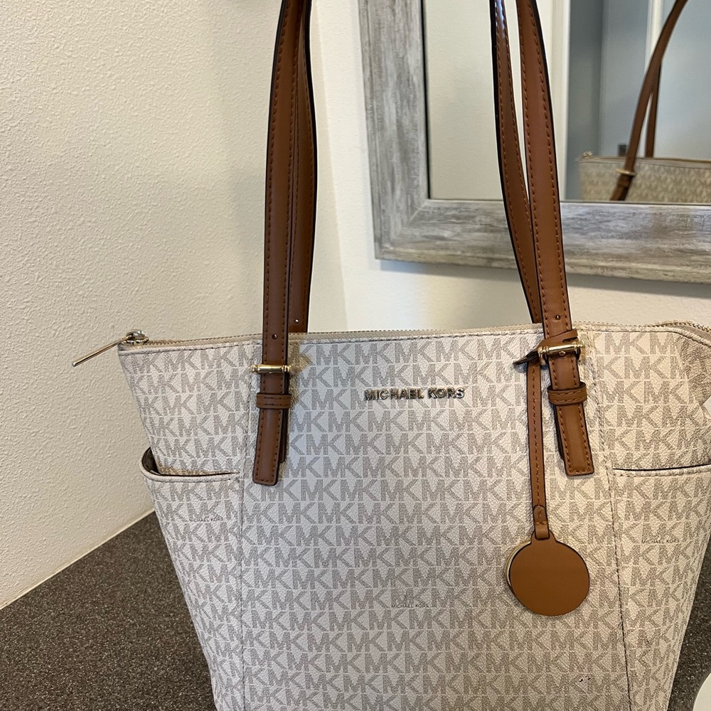 Michael Kors Cream MK Logo Tote with Brown Trim